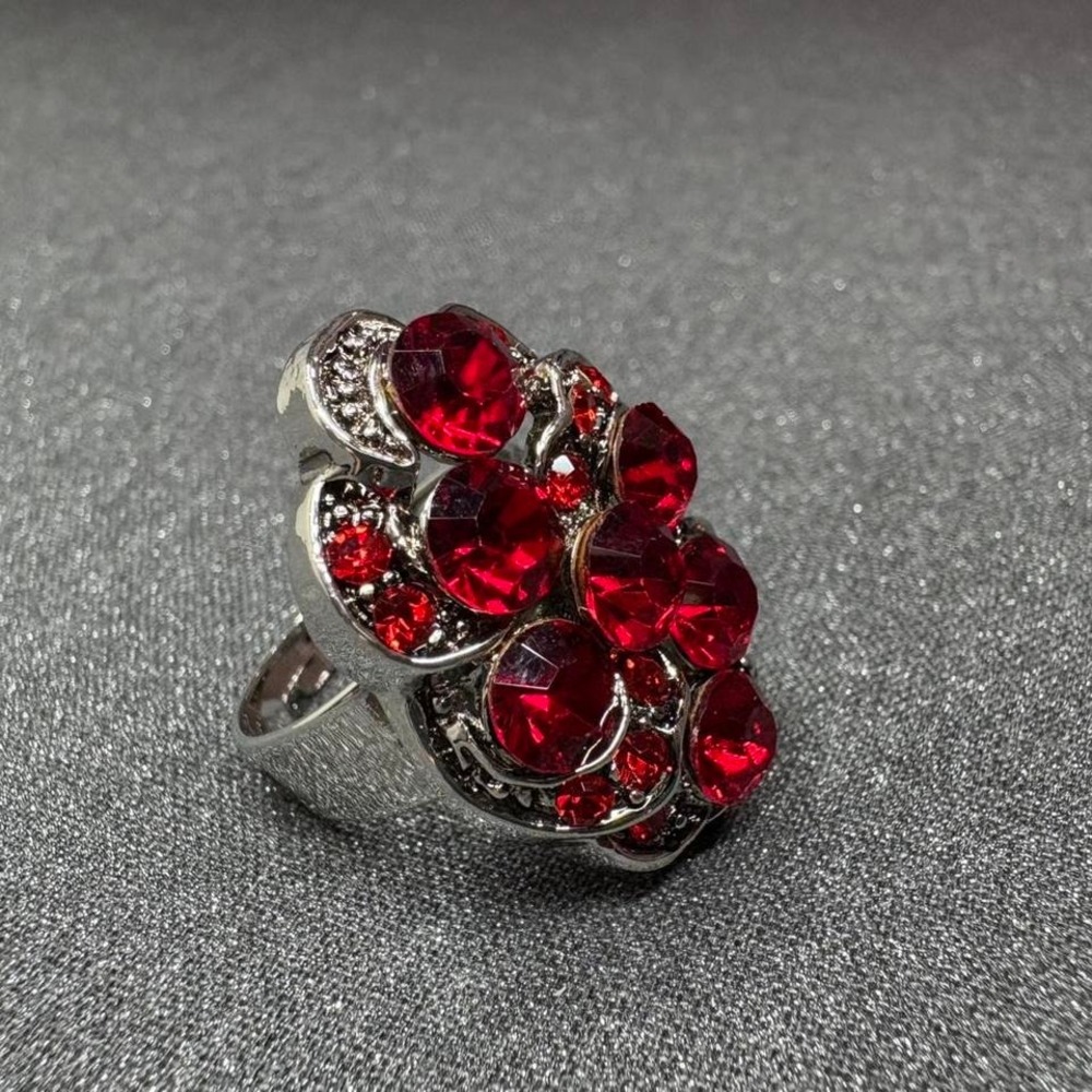 Red rhinestones and silver whimsygoth adjustable cocktail ring glamorous